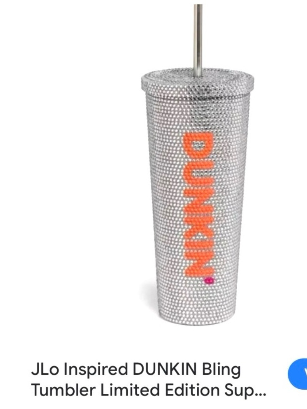 Dunkin' Silver Tumbler with Orange Logo, stainless steel to keep hot or cold